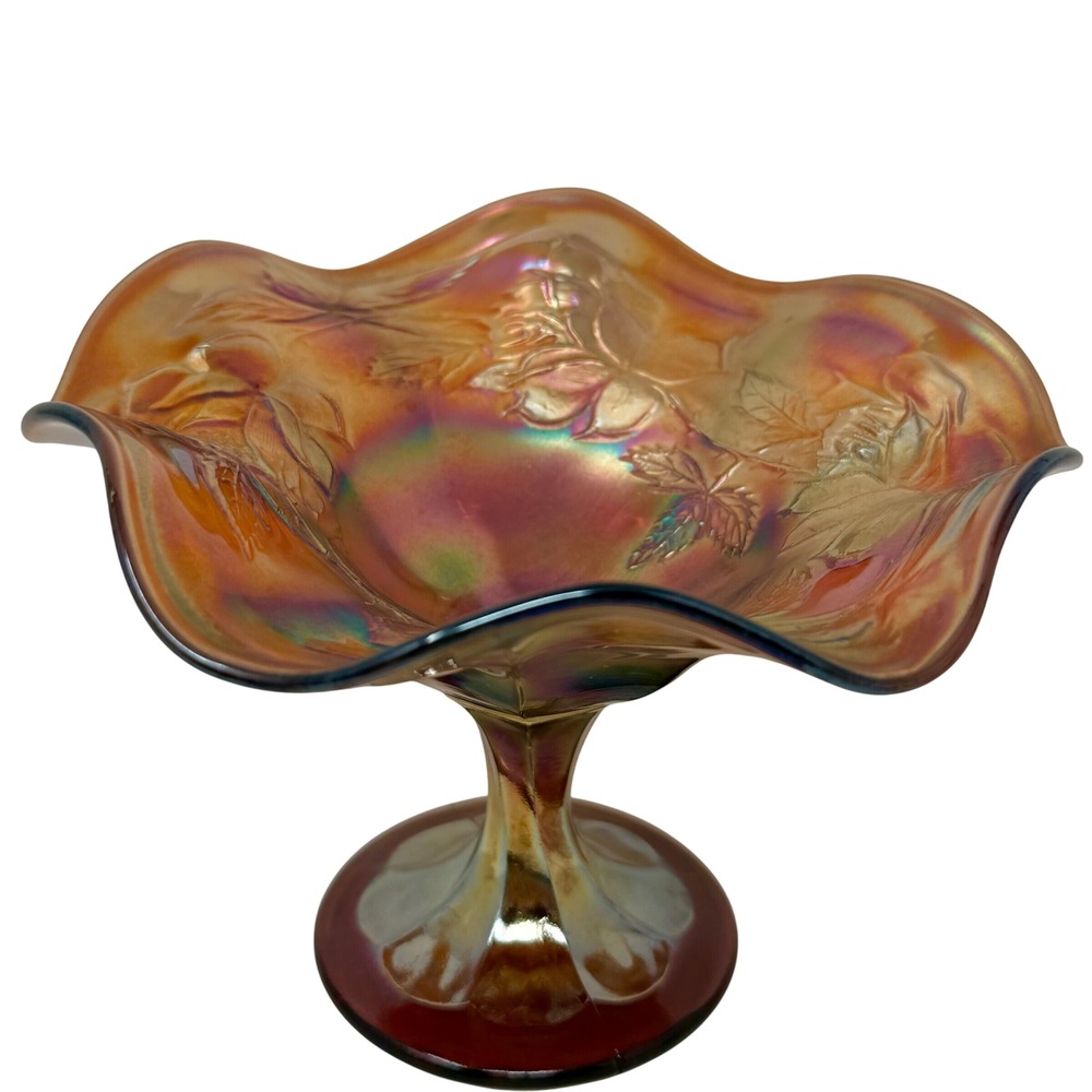 Antiqu Fenton Marigold Wreath of Roses‎ Carnival Glass Footed Bowl Compote Candy